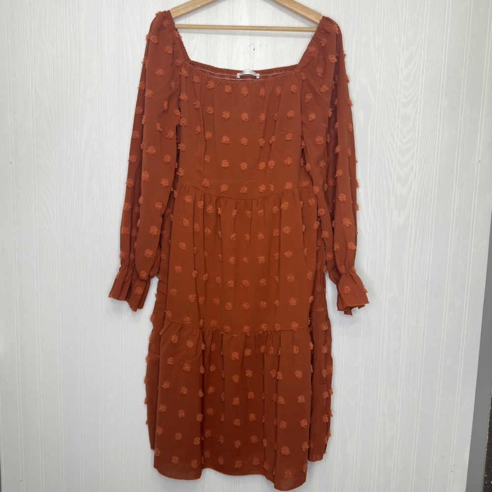 Cupshe rust orange boho flowy long sleeve smocked dress size XL